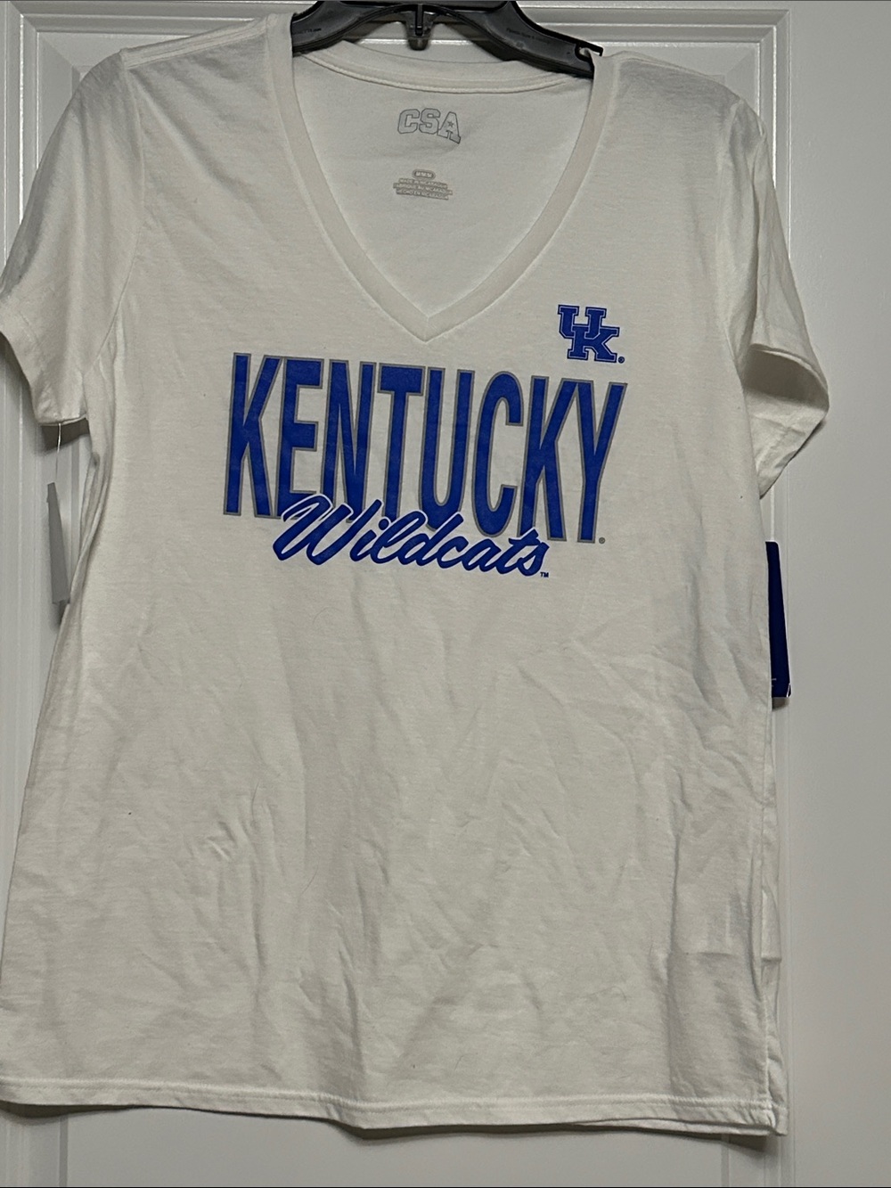 Kentucky Wildcats White V-Neck Tee with Blue Block Lettering